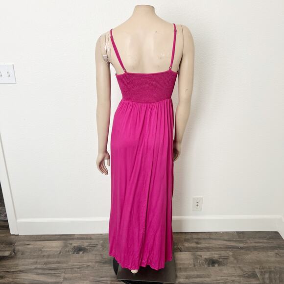 [Anrabess] Bright Pink Smocked V-Neck Double Slit Maxi Dress NWT Size Large L - Picture 2 of 12